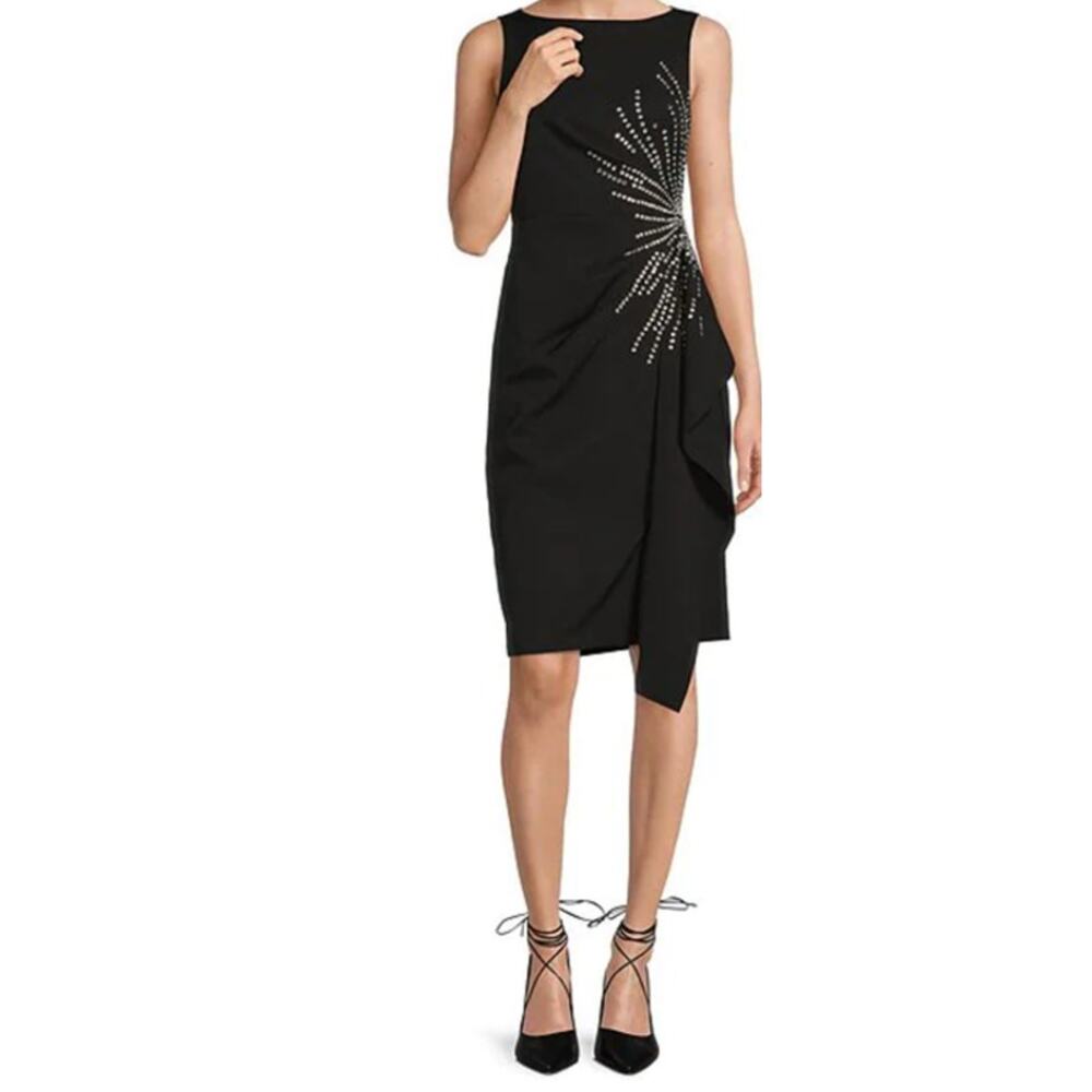 Eliza J dress black stretch boat neck sleeveless side ruffle